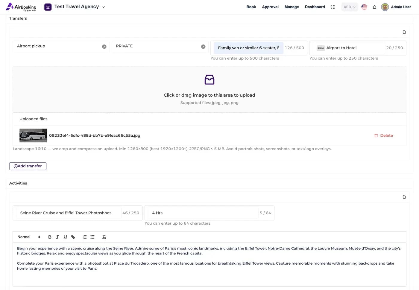 Package builder: transfers, activities and meals